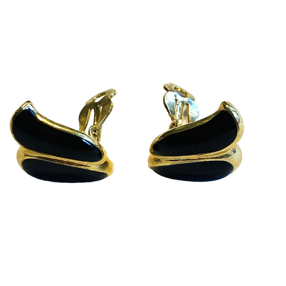 Vintage 1980’s Clip On Earrings Gold & Black Enamel Conservative Boss Lady - Picture 6 of 6